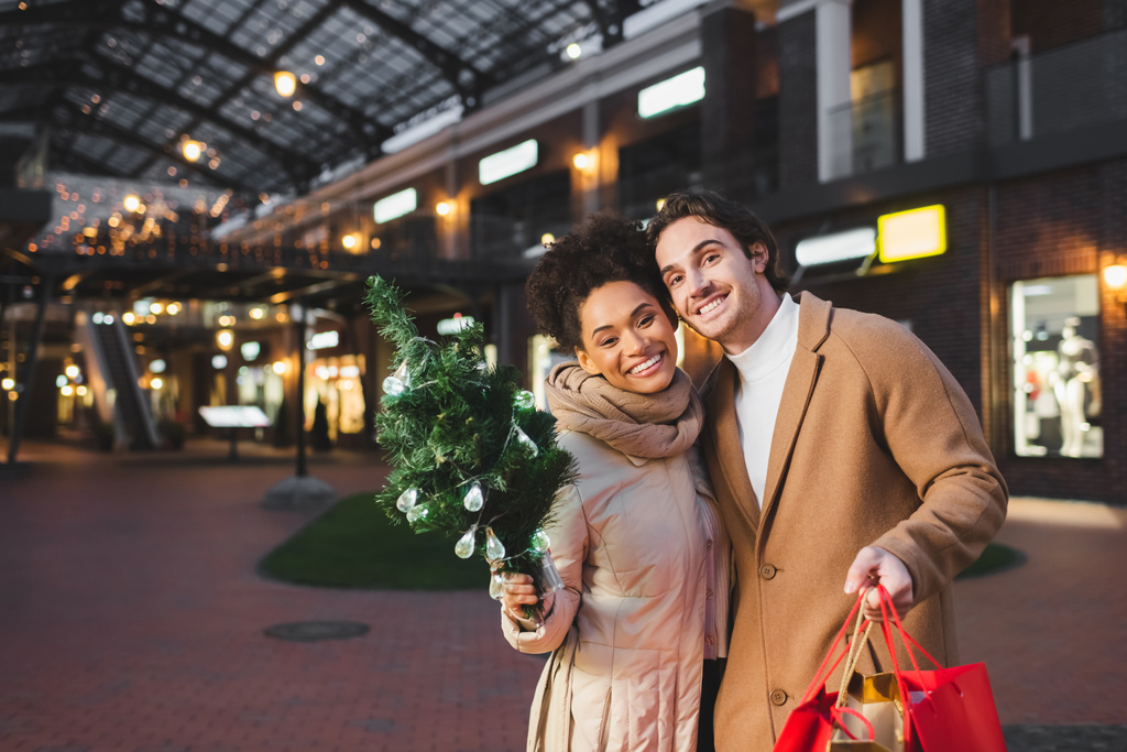 щаслива багатоетнічна пара тримає різдвяні сумки і маленьку сосну біля торгового центру ввечері
 - Фото, зображення