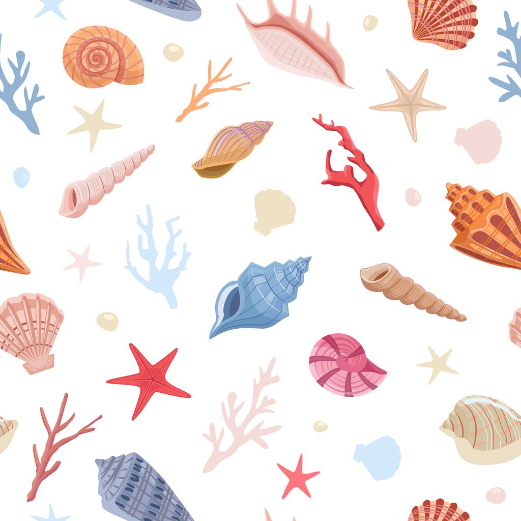 Seashells and corals seamless pattern. Jasné větvičky s barevnými lasturami měkkýšů dekorace interiéru a módní akvarijní hřebenatky měkkýšů z dna oceánu. Exotický vektor volně žijících živočichů. - Vektor, obrázek