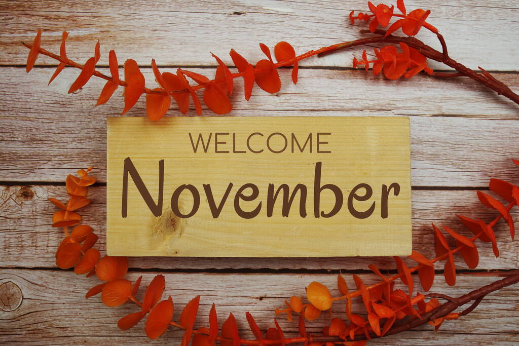 Welkom November tekst op houten plank met oranje bladeren versieren op houten achtergrond - Foto, afbeelding
