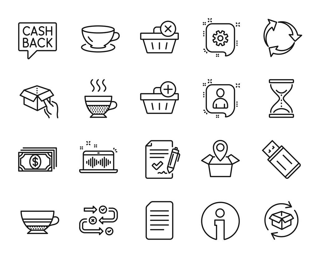 Vector set of Music making, Cafe creme and Add purchase line icons set. Mocha, Payment and Espresso icons. Package location, Time hourglass and Cogwheel signs. Music making web symbol. Vector - Vector, Image