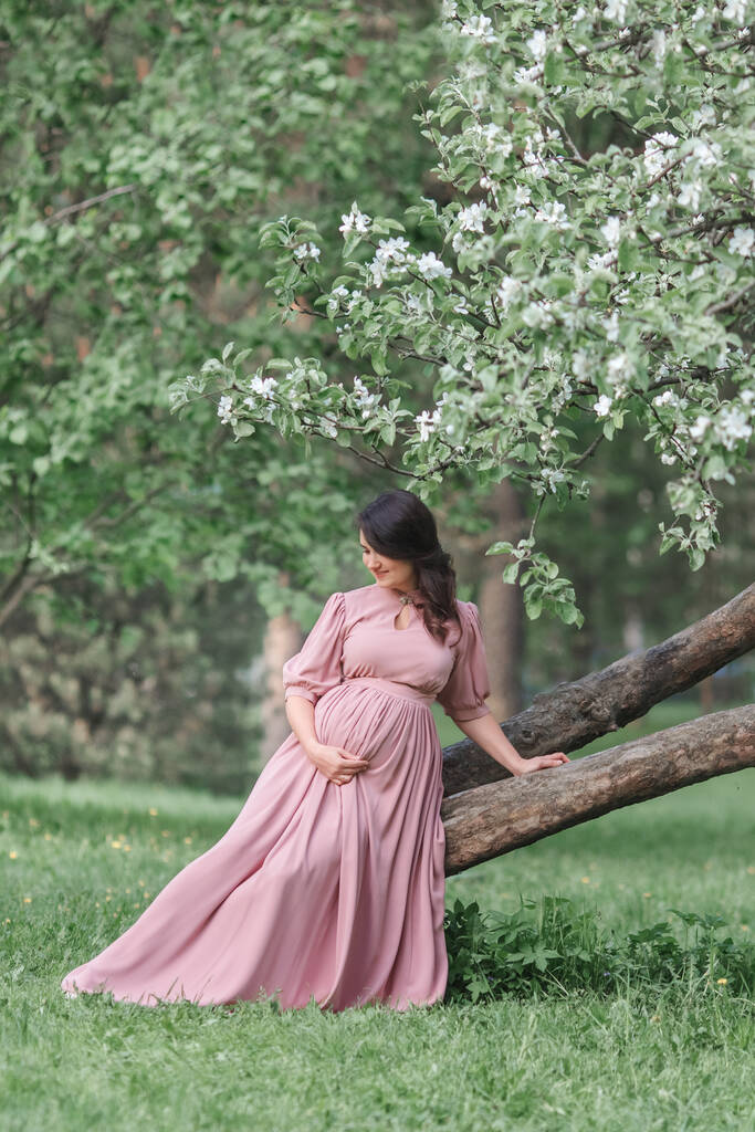 Μια όμορφη γυναίκα με μπλε φόρεμα στέκεται κοντά σε μια ανθισμένη μηλιά. Έγκυες νεαρές ευτυχισμένες γυναίκες σε ανθισμένο λευκό κήπο. Έγκυος γυναίκα στον κήπο άνοιξη - Φωτογραφία, εικόνα