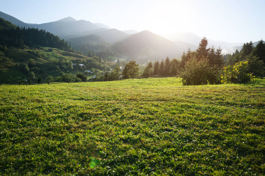 Krásný výhled na zelené pastviny v horách za slunečného dne - Fotografie, Obrázek