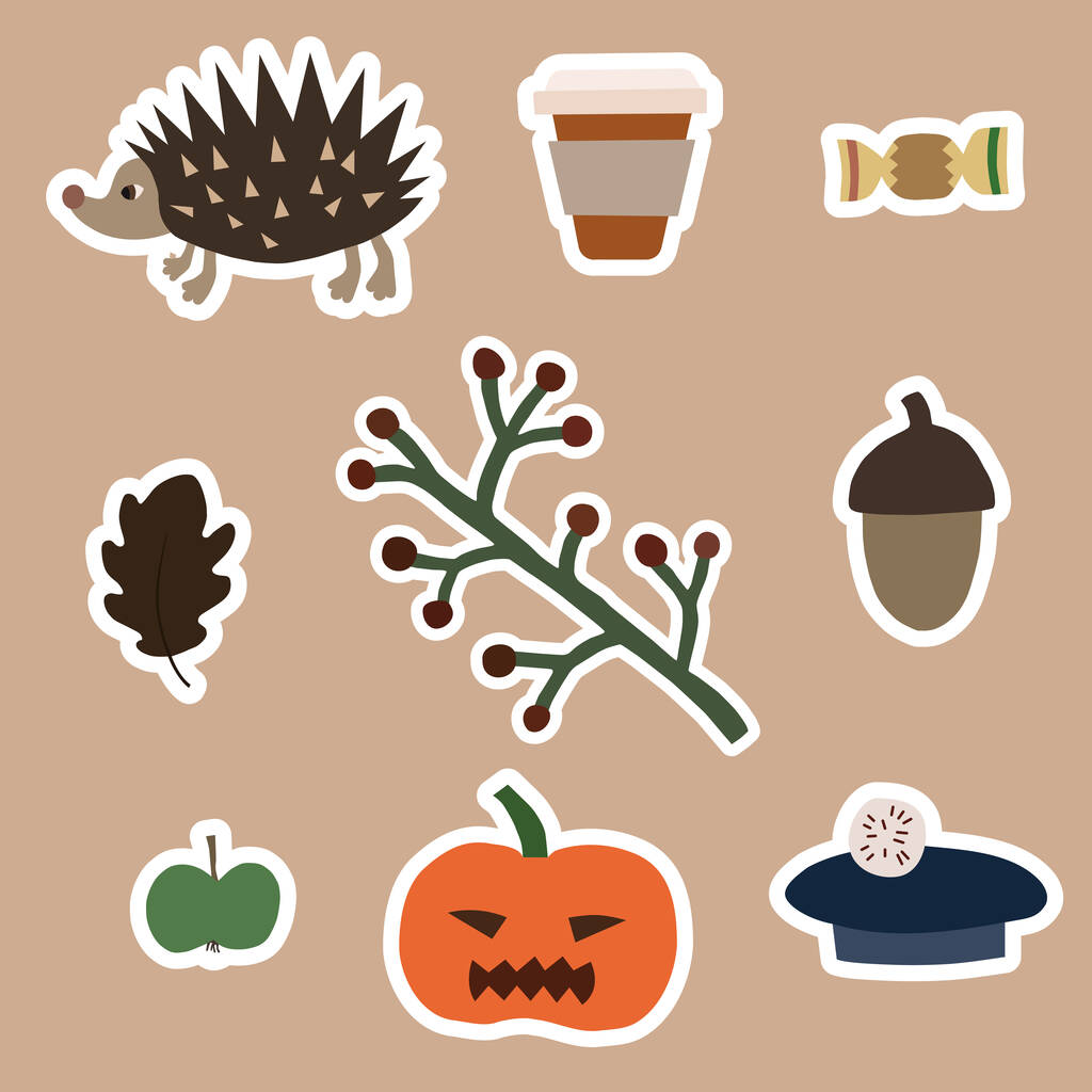 vector with halloween carved pumpkin and fall season stickers on beige  - Vector, Image