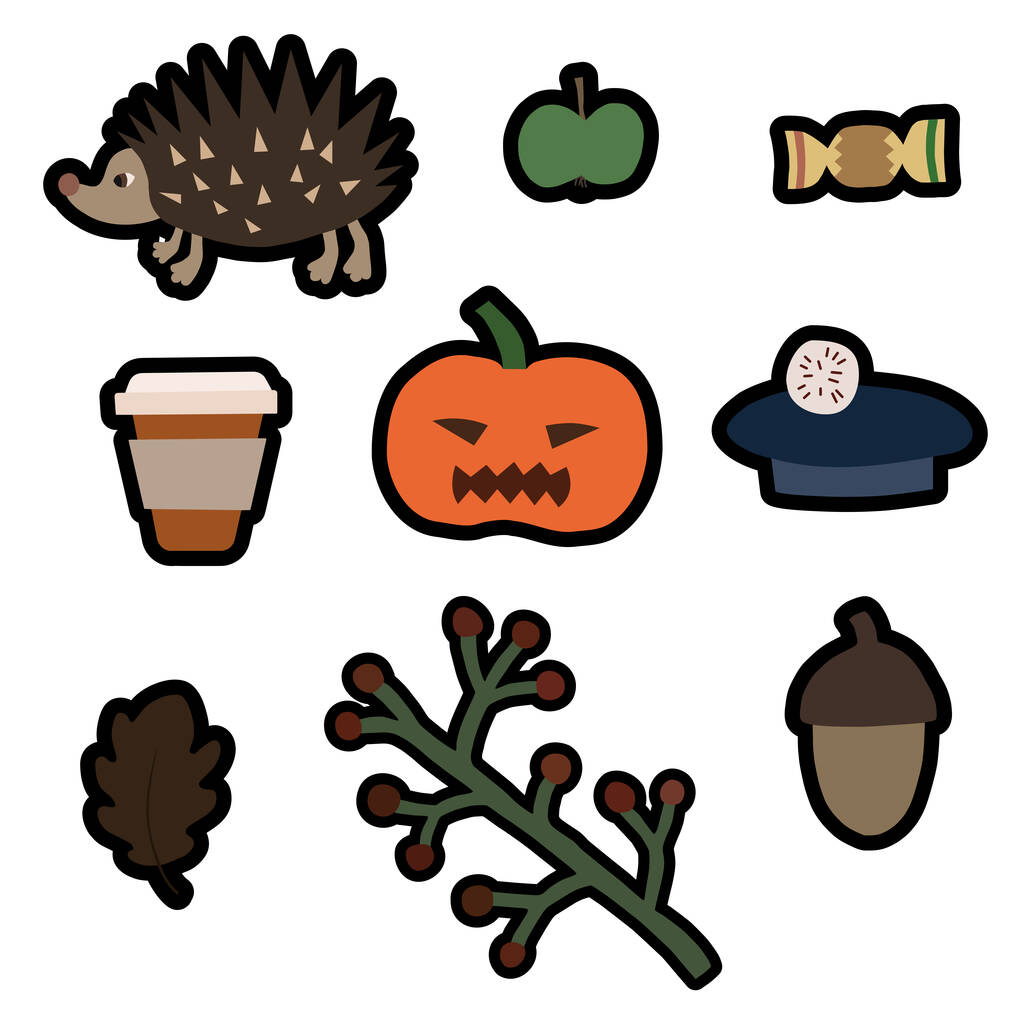 illustrazione con zucca di Halloween e icone della stagione autunnale su bianco  - Vettoriali, immagini