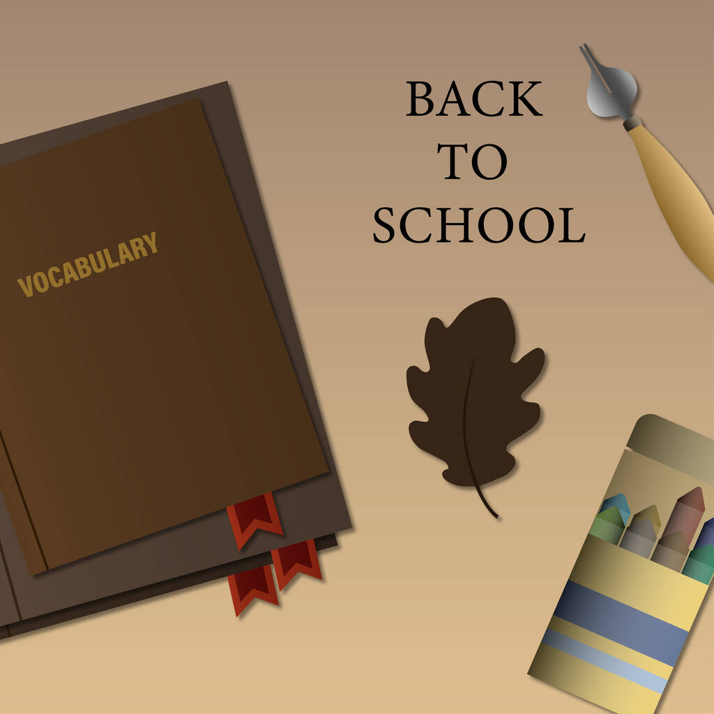 vecteur de retour à l'école avec livre de vocabulaire près de crayons d'encre et crayons sur beige  - Vecteur, image