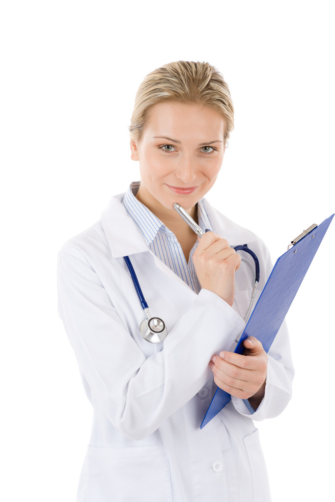 Young female doctor with stethoscope on white - Photo, Image
