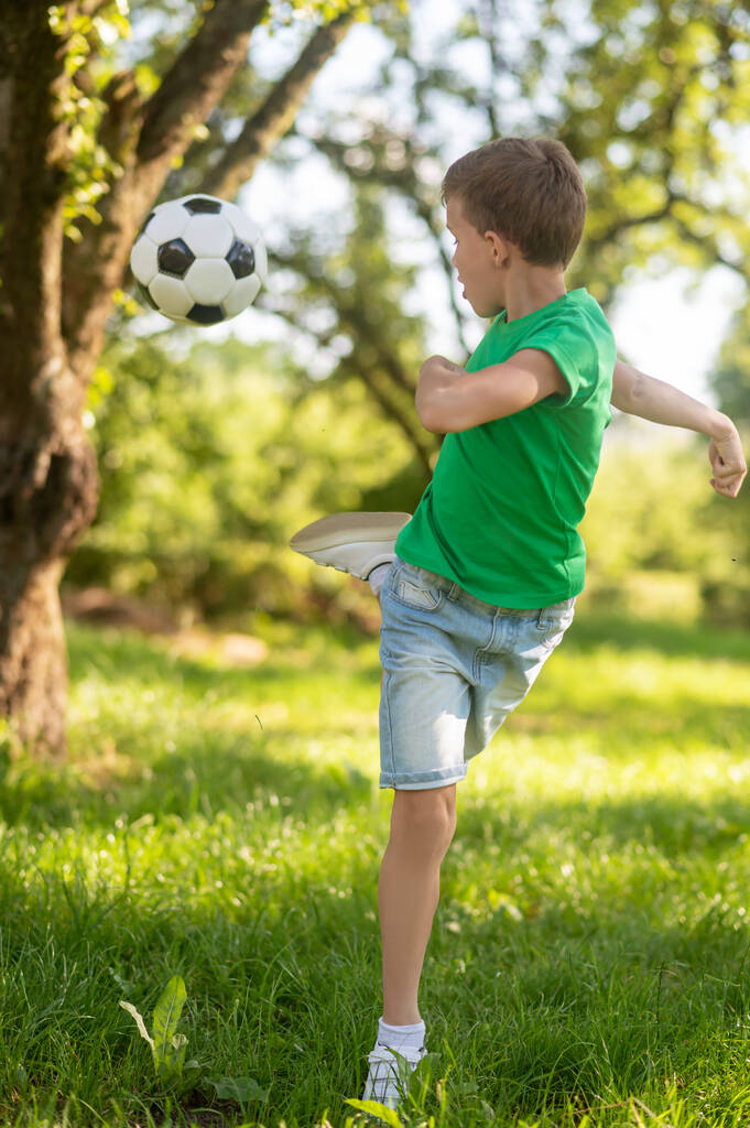 Niño enérgico pateando pelota de fútbol de nuevo. - Foto, Imagen
