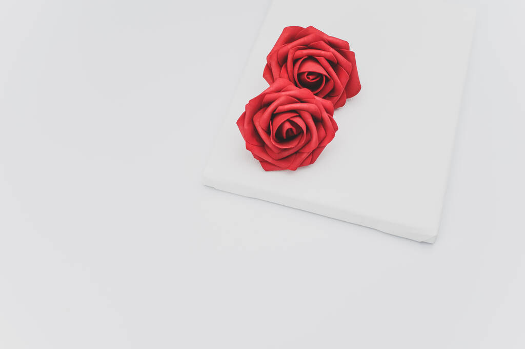 rosa rossa testa di fiore su una tela bianca su bianco con spazio di testo - Foto, immagini