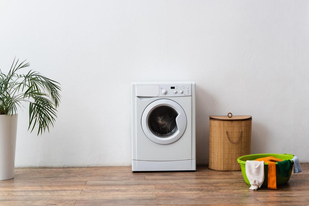 Wäscheschale, Korb und Waschmaschine in der Nähe grüner Pflanzen und weißer Wände - Foto, Bild