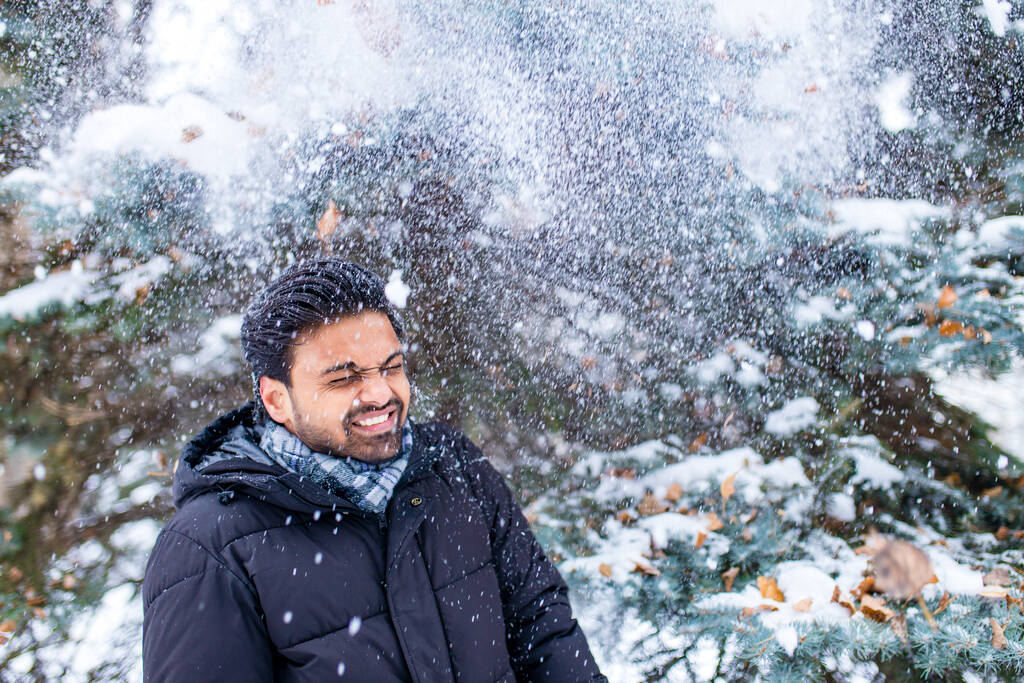森の上から雪の結晶を楽しむインド人男性は - 写真・画像