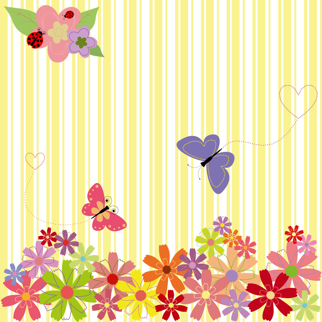 Springtime flowers & butterflies on yellow stripe background - Vector, Image