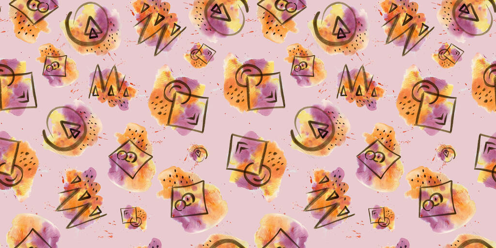 Aquarela Padrão sem costura embalagem têxtil de papel digital. multicolorido aquarela violeta, laranja e preto elementos geométricos abstratos no fundo rosa - Foto, Imagem
