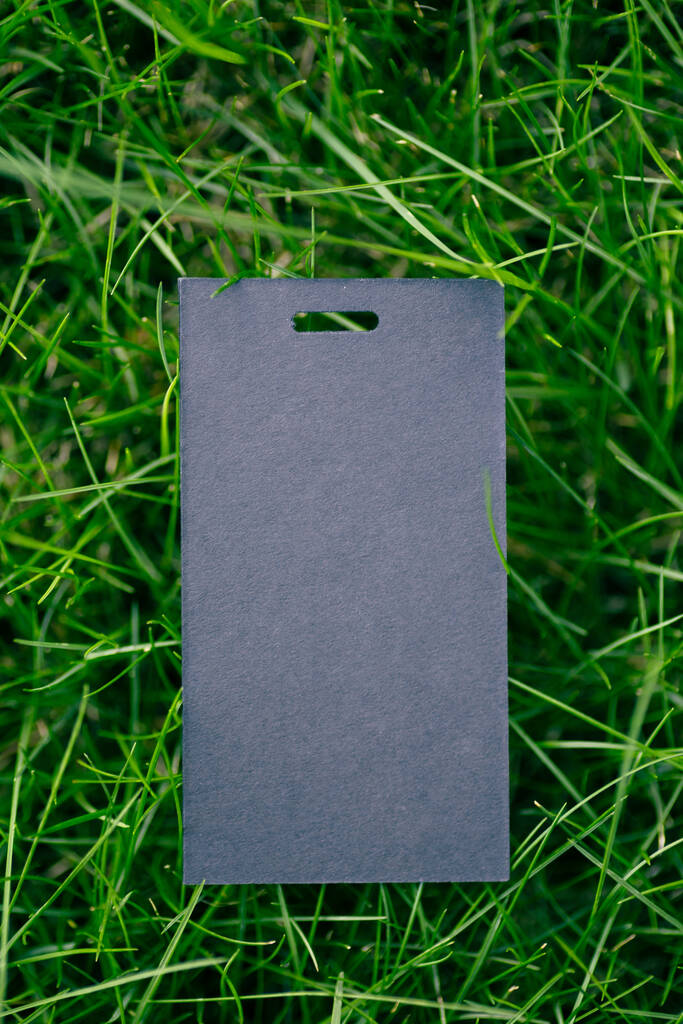 Giysiler için bir siyah fiyat etiketinin üst görünümü yaratıcı çimen yeşil çimen düzeni logo etiketli - Fotoğraf, Görsel