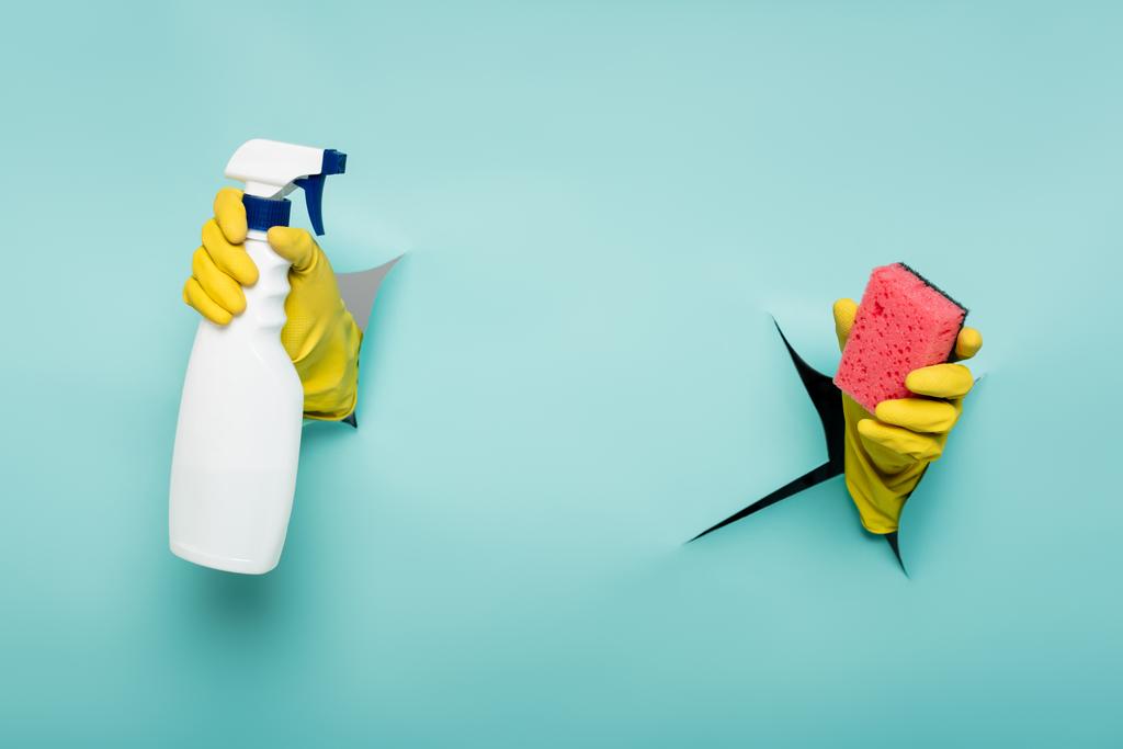 vista parcial del limpiador en guantes de goma que sostienen la esponja y pulverizan la botella a través de agujeros en la pared de papel en azul - Foto, Imagen
