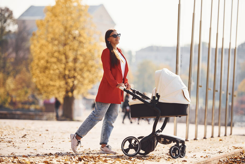 Madre en abrigo rojo dar un paseo con su hijo en el cochecito en el parque en otoño. - Foto, Imagen