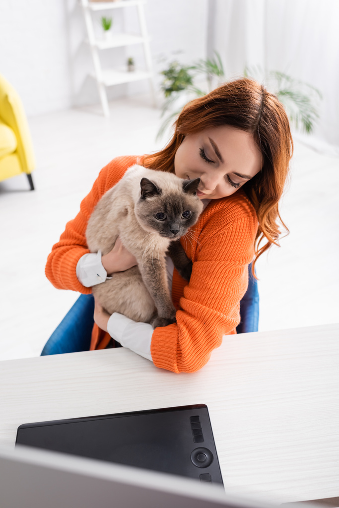 仕事机の上のグラフィックタブレットの近くで猫を抱きかかえている女性の高い角度の眺め - 写真・画像