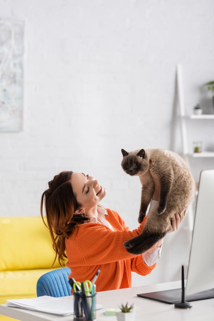 счастливая женщина держит кота, сидя дома за рабочим столом - Фото, изображение