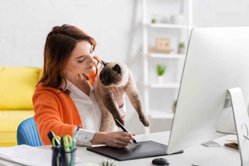 仕事机に猫と座ってグラフィックタブレットで働く陽気なレタッチ - 写真・画像