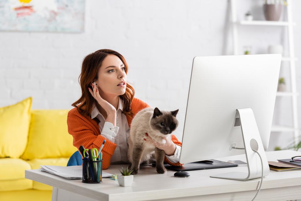 Junge Designerin setzt Kopfhörer ein, während sie neben Computermonitor mit Katze sitzt - Foto, Bild