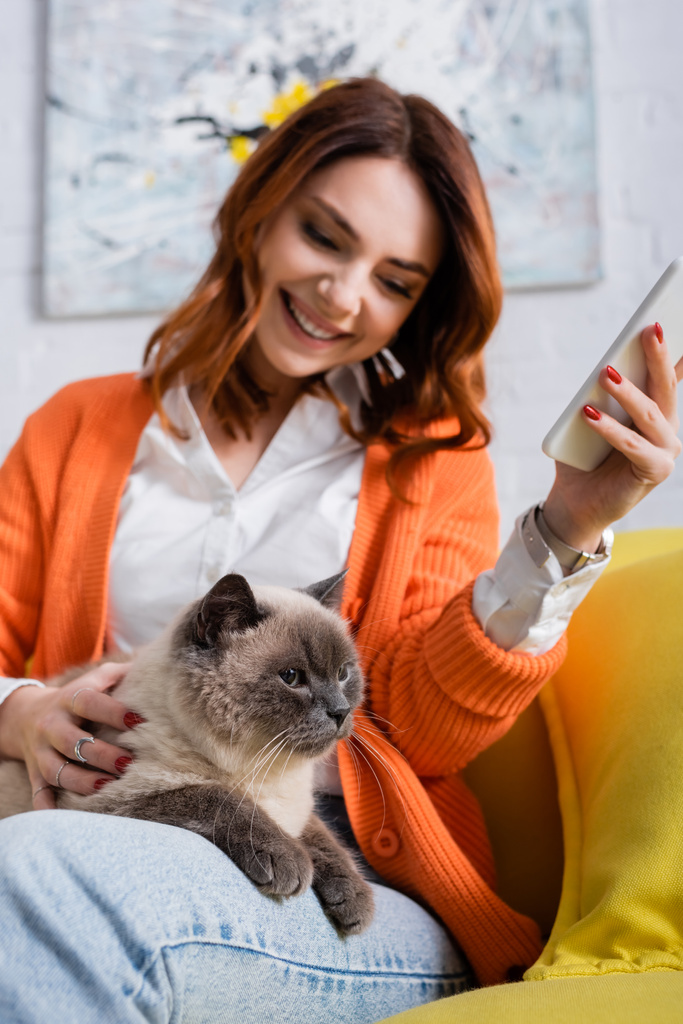femme heureuse câlin chat assis sur le canapé avec téléphone mobile, fond creusé - Photo, image