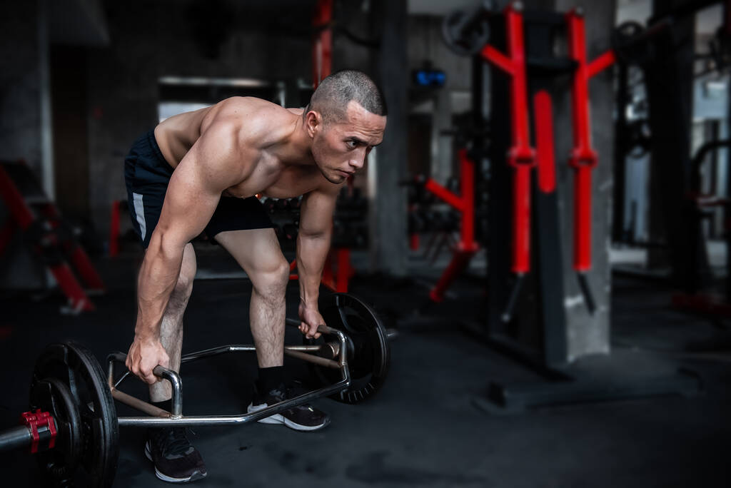 Retrato de hombre asiático bombeando músculos en el gimnasio, Entrenamiento para una buena salud - Foto, Imagen