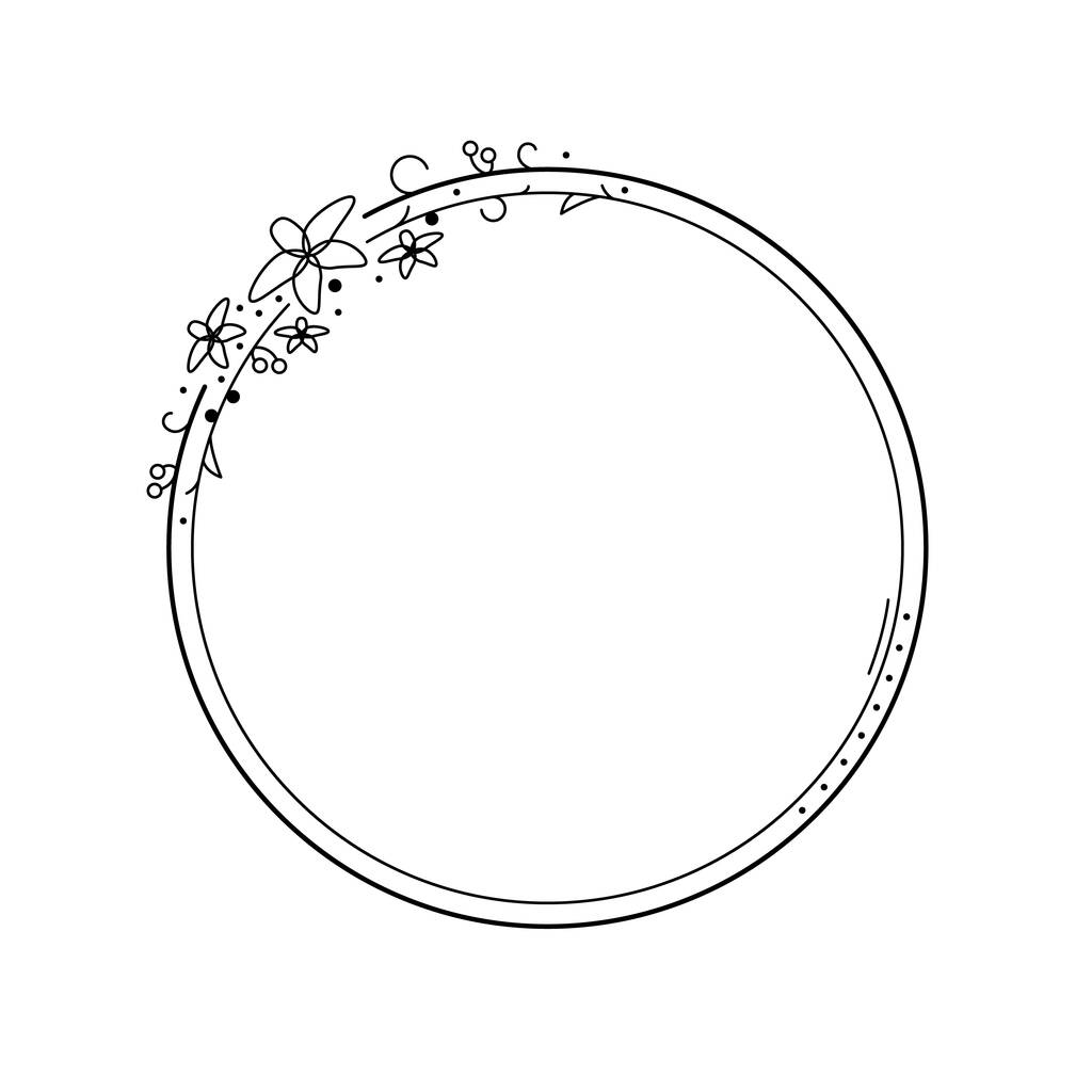Abstraktes Schwarz Simple Line Round Circ mit Blättern Frame Flowers Doodle Outline Element Vector Design Style Skizze Isolierte Illustration für Hochzeit und Banner - Vektor, Bild