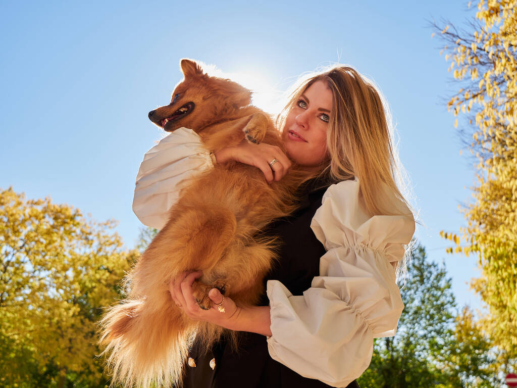 Güzel sarışın kız Pomeranya köpeğiyle oynuyor. - Fotoğraf, Görsel