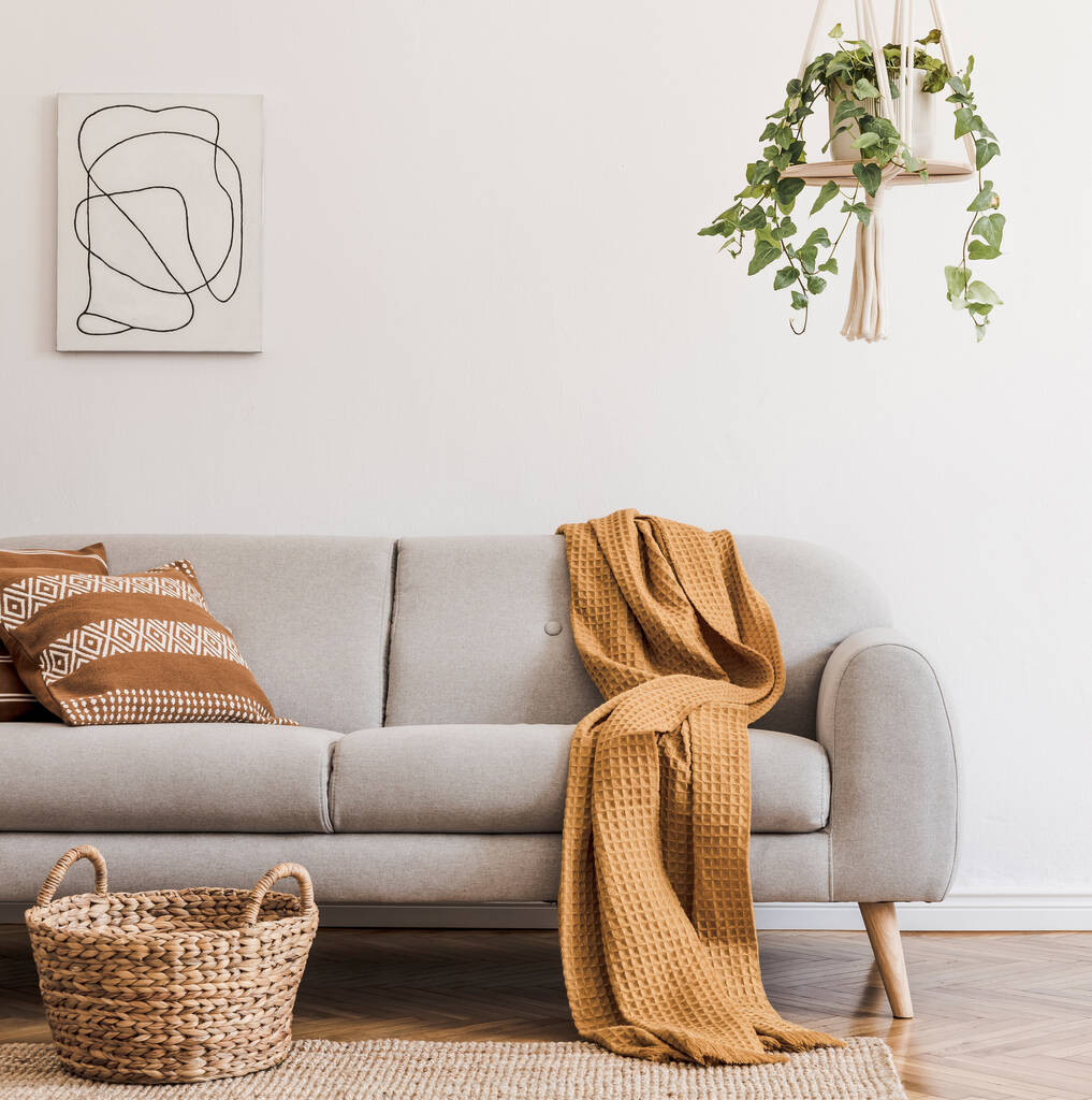 Stilvolle Komposition kreativer und gemütlicher Wohnzimmereinrichtung mit grauem Sofa, Couchtisch, Pflanzen, Teppich und schönen Accessoires. Weiße Wände und Parkettboden. - Foto, Bild