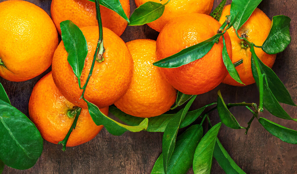 Μανταρίνια πορτοκάλια φρούτα ή μανταρίνια με πράσινα φύλλα σε ξύλινο τραπέζι. Αντιγραφή χώρου. Φρέσκα μανταρίνια Τ - Φωτογραφία, εικόνα