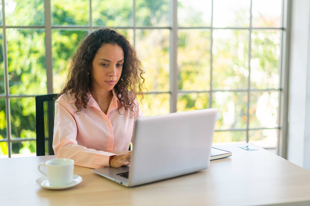 Mulher latina trabalhando com laptop e papel no espaço de trabalho em casa - Foto, Imagem