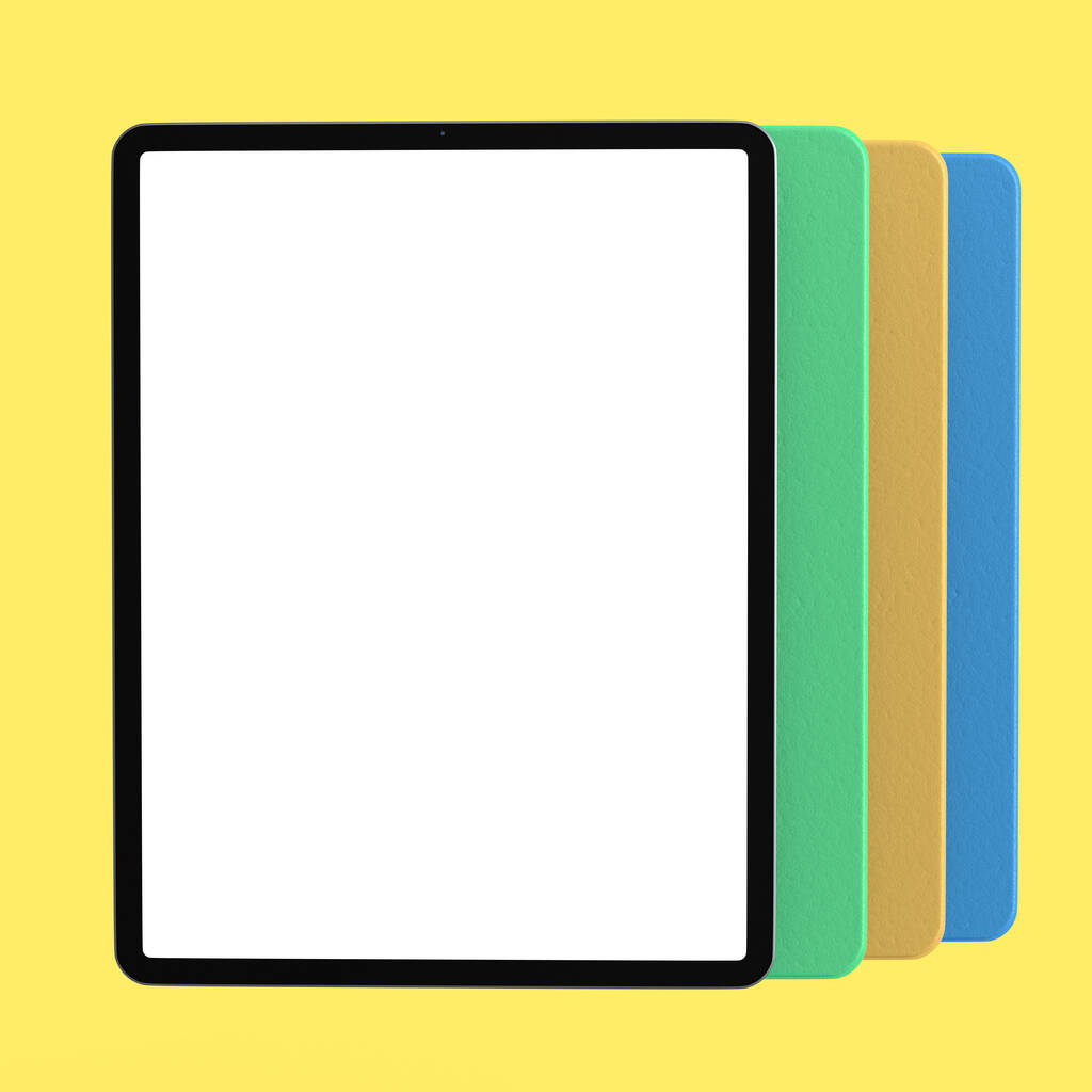 Conjunto de tabletas de ordenador con funda y pantalla en blanco aislada sobre fondo amarillo. Concepto de renderizado 3D de equipos de diseño creativo y espacio de trabajo compacto - Foto, imagen
