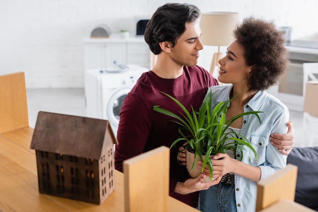 felice coppia multietnica con pianta sorridente in nuova casa - Foto, immagini
