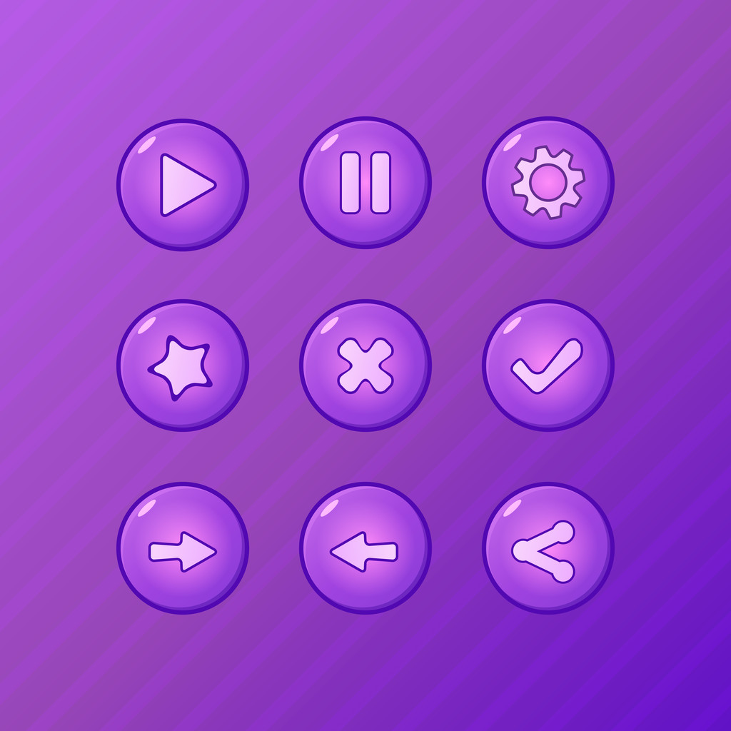 Set di elementi vettoriali UI di gioco - gioco viola, pausa, opzioni, accettare, declino, indietro, pulsanti di condivisione per gamedev
 - Vettoriali, immagini