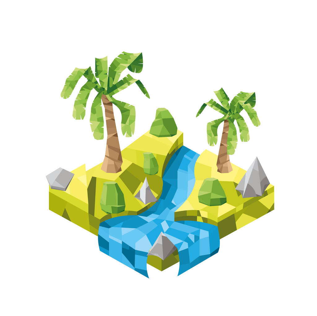 Isla isométrica con palmeras y arbustos. Isla Voladora. Isla en estilo polivinílico bajo. - Vector, Imagen