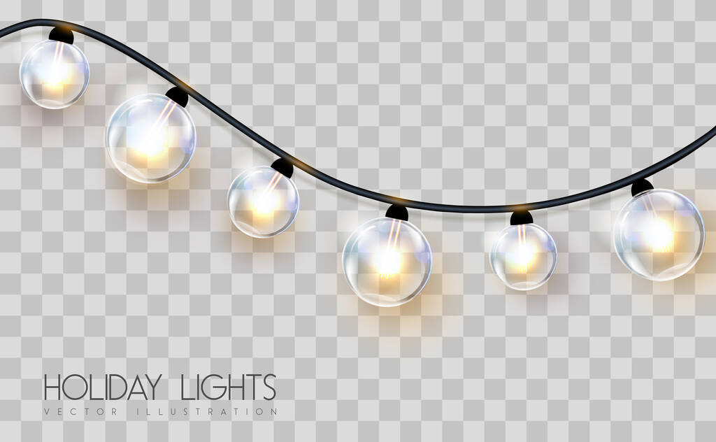 Vektorový girlang ze zlatých lamp na průhledném pozadí. Holiday string of lights vector illustration - Vektor, obrázek