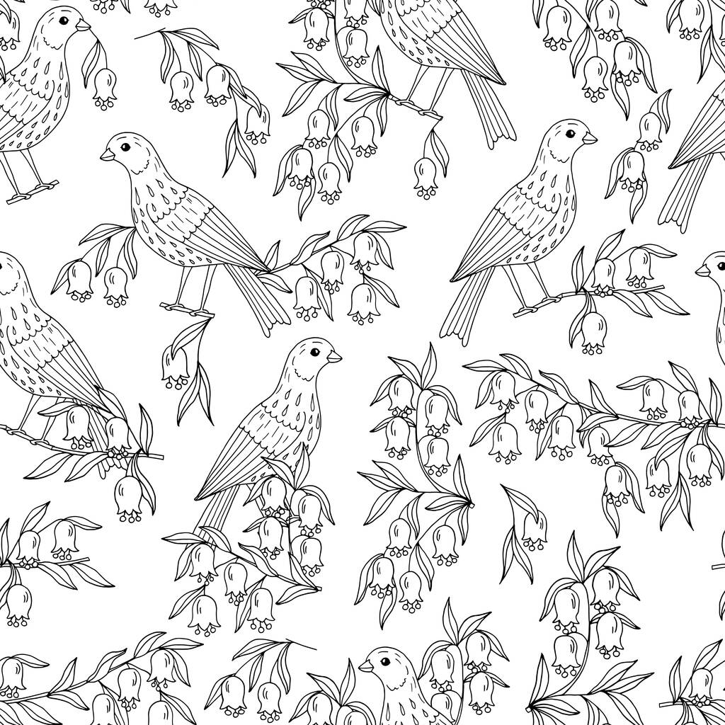 Vektorový hladký vzor s ručně kreslenými ptáky a kvetoucími větvemi, omalovánky pro děti i dospělé - Vektor, obrázek