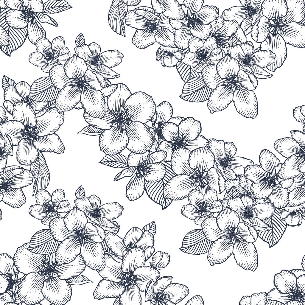 Hermoso patrón floral monocromo sin costuras con flores de manzana. Naturaleza vector botánico fondo ilustración. Diseño gráfico en stock en blanco y negro. - Vector, imagen