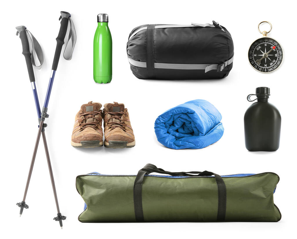 Set with different camping equipment on white background - Photo, Image