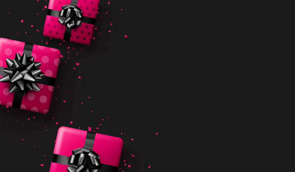 Pinkfarbene Geschenkboxen mit schwarzen Schleifen und Konfetti. Weihnachten, Geburtstag, Valentinstag, Feiertag. Ansicht von oben. Vektorillustration. - Vektor, Bild