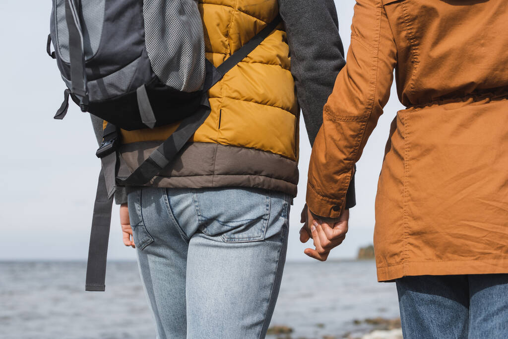 zpět pohled na oříznuté muže a ženu držící se za ruce při chůzi v blízkosti moře - Fotografie, Obrázek