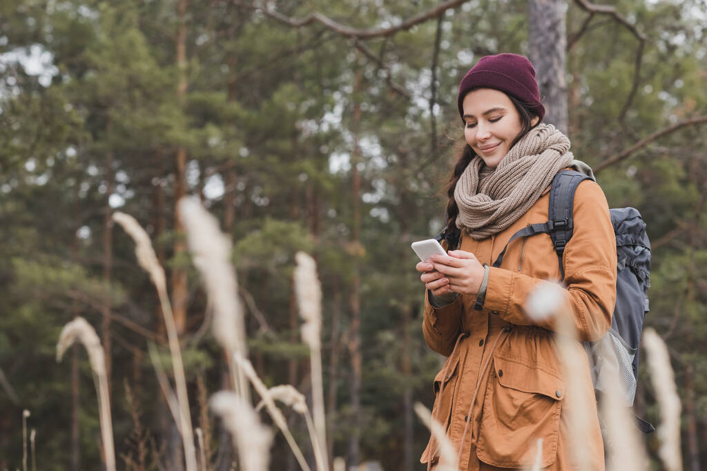 mujer feliz en traje de otoño usando el teléfono móvil durante el paseo en el bosque - Foto, Imagen
