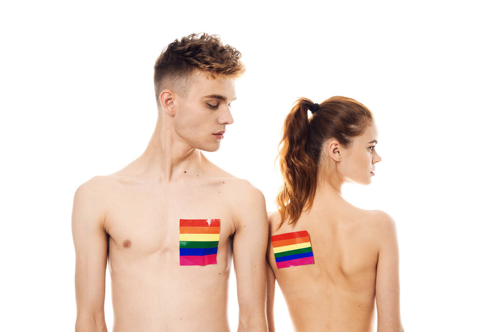 Paar in weißen T-Shirts Flagge lgbt transgender sexueller Minderheiten - Foto, Bild