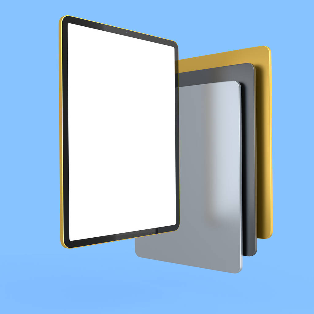 Conjunto de tabletas de ordenador con funda y pantalla en blanco aislada sobre fondo azul. Concepto de renderizado 3D de equipos de diseño creativo y espacio de trabajo compacto - Foto, Imagen