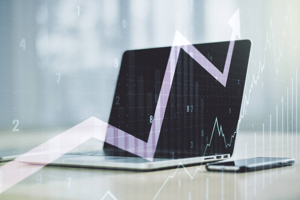 Double exposure of abstract creative financial chart with upward arrow on laptop background, research and strategy concept - Photo, Image