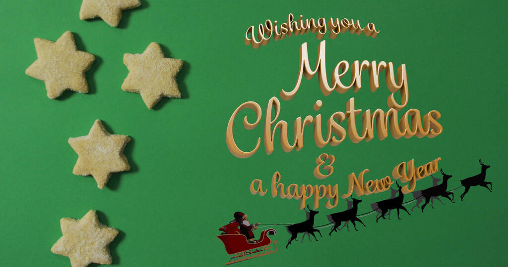 Obrázek s přáním veselé vánoční text přes Coopkies a Santa sáně na zeleném pozadí. vánoční, tradiční a slavnostní koncept digitálně generovaného obrazu. - Fotografie, Obrázek