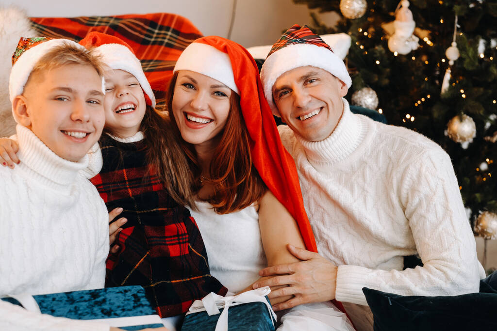 Mutlu bir ailenin yakın plan portresi bir Noel ağacının yanındaki koltukta oturuyor ve bayramı kutluyor. - Fotoğraf, Görsel