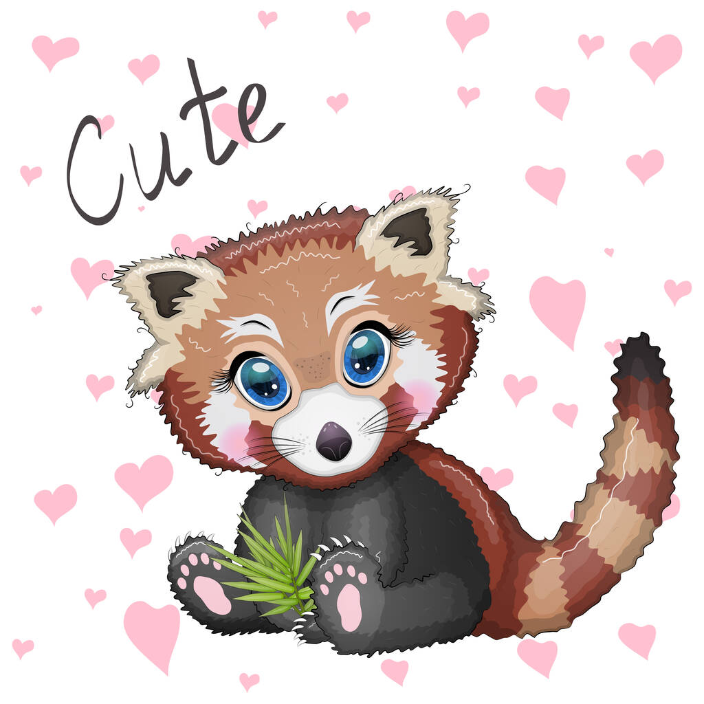 Kızıl panda, bambu yapraklı sevimli karakter, tebrik kartı, parlak çocuksu tarz. Nadir hayvanlar, kırmızı kitap, kedi, ayı - Vektör, Görsel