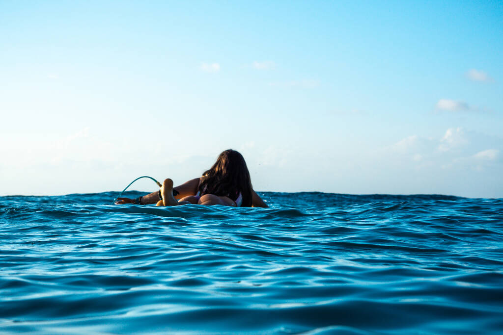 Okyanusta sörf tahtasında güzel vücutlu sörfçü kızın portresi. Bal 'da renkli günbatımı saatinde. - Fotoğraf, Görsel