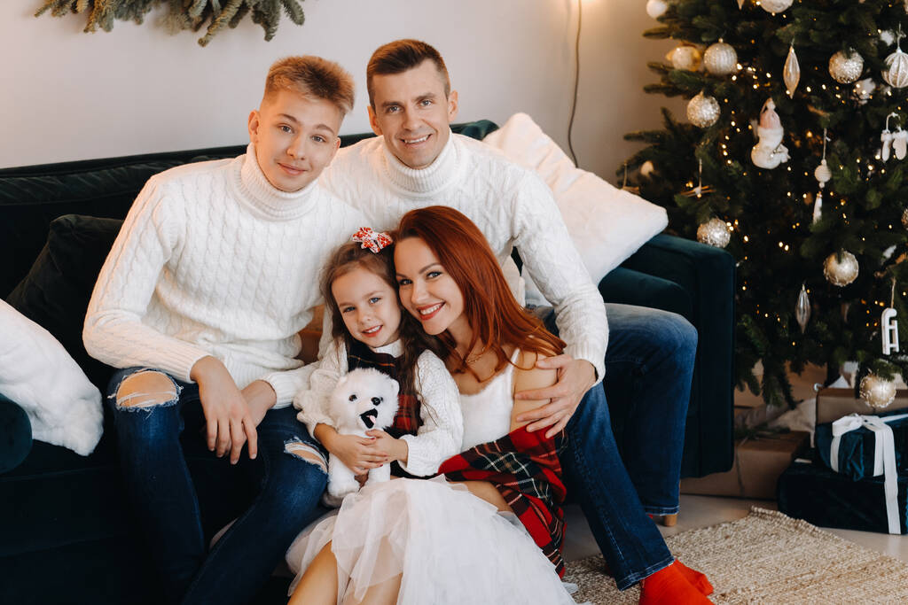 Mutlu bir ailenin yakın plan portresi bir Noel ağacının yanındaki koltukta oturuyor ve bayramı kutluyor.. - Fotoğraf, Görsel