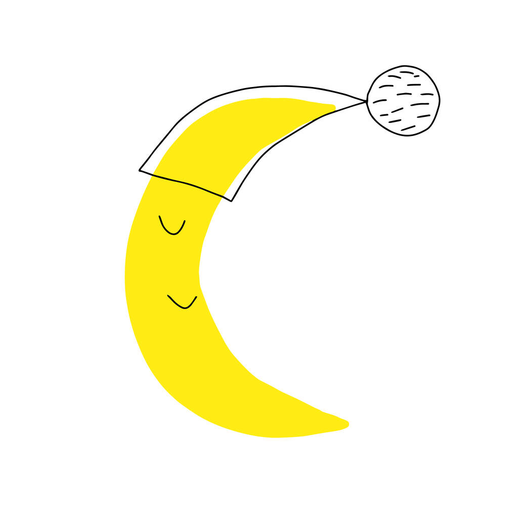 Иллюстрация спящей луны. "Happy Moon Cartoon Character In The Sky". Милая мультяшная луна. Улыбающаяся луна. - Вектор,изображение